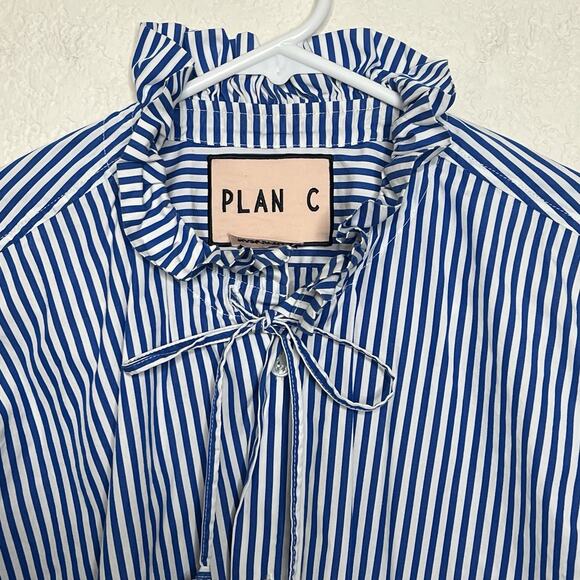 Plan C Plancy Ruffle Collar Striped Poplin Button Up Blouse Size 46 Tunic Y7 - Picture 6 of 9